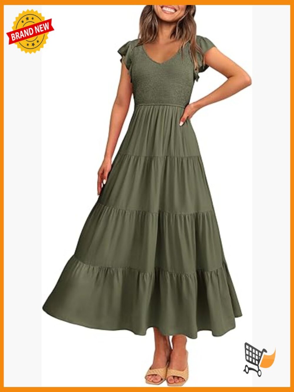 Flowy Maxi Dress Cap Sleeve V Neck Smocked Beach Sundress